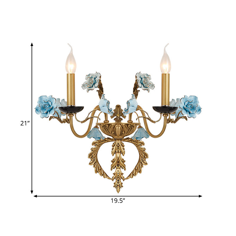 Blue Curved Arm Wall Light Fixture Countryside Metal 2 Lights Living Room Sconce with/without Shade Clearhalo 'Wall Lamps & Sconces' 'Wall Lights' Lighting' 332168