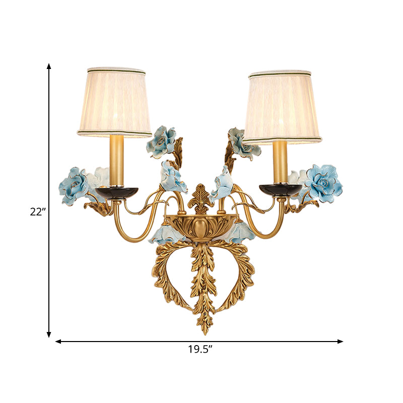 Blue Curved Arm Wall Light Fixture Countryside Metal 2 Lights Living Room Sconce with/without Shade Clearhalo 'Wall Lamps & Sconces' 'Wall Lights' Lighting' 332170
