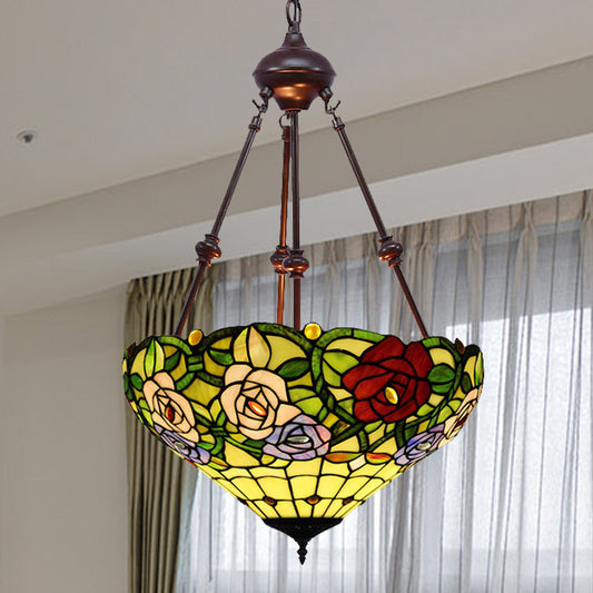 Victorian Flower Hanging Chandelier 2 Lights Cut Glass Ceiling Suspension Lamp in Red/Yellow/Orange Clearhalo 'Ceiling Lights' 'Chandeliers' 'Industrial' 'Middle Century Chandeliers' 'Tiffany close to ceiling' 'Tiffany' Lighting' 332354