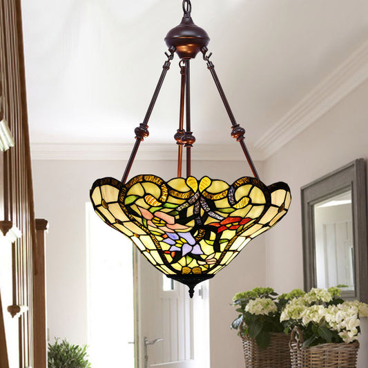 Victorian Flower Hanging Chandelier 2 Lights Cut Glass Ceiling Suspension Lamp in Red/Yellow/Orange Yellow Clearhalo 'Ceiling Lights' 'Chandeliers' 'Industrial' 'Middle Century Chandeliers' 'Tiffany close to ceiling' 'Tiffany' Lighting' 332361