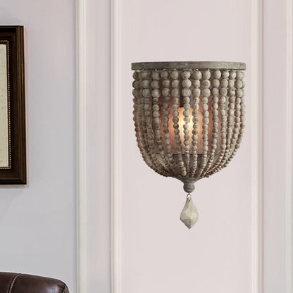 1 Light Wood Wall Mount Lamp Countryside Grey Beaded Living Room Sconce Light Fixture Grey Clearhalo 'Wall Lamps & Sconces' 'Wall Lights' Lighting' 332393