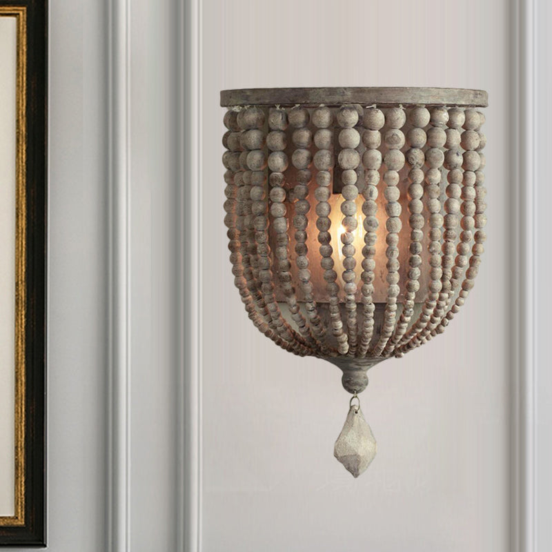 1 Light Wood Wall Mount Lamp Countryside Grey Beaded Living Room Sconce Light Fixture Clearhalo 'Wall Lamps & Sconces' 'Wall Lights' Lighting' 332394