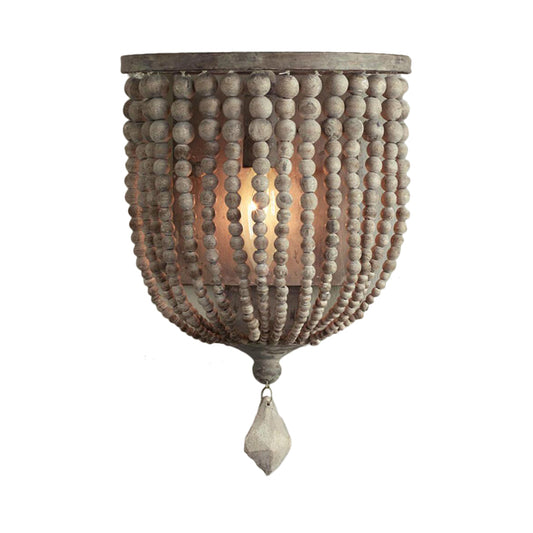 1 Light Wood Wall Mount Lamp Countryside Grey Beaded Living Room Sconce Light Fixture Clearhalo 'Wall Lamps & Sconces' 'Wall Lights' Lighting' 332396