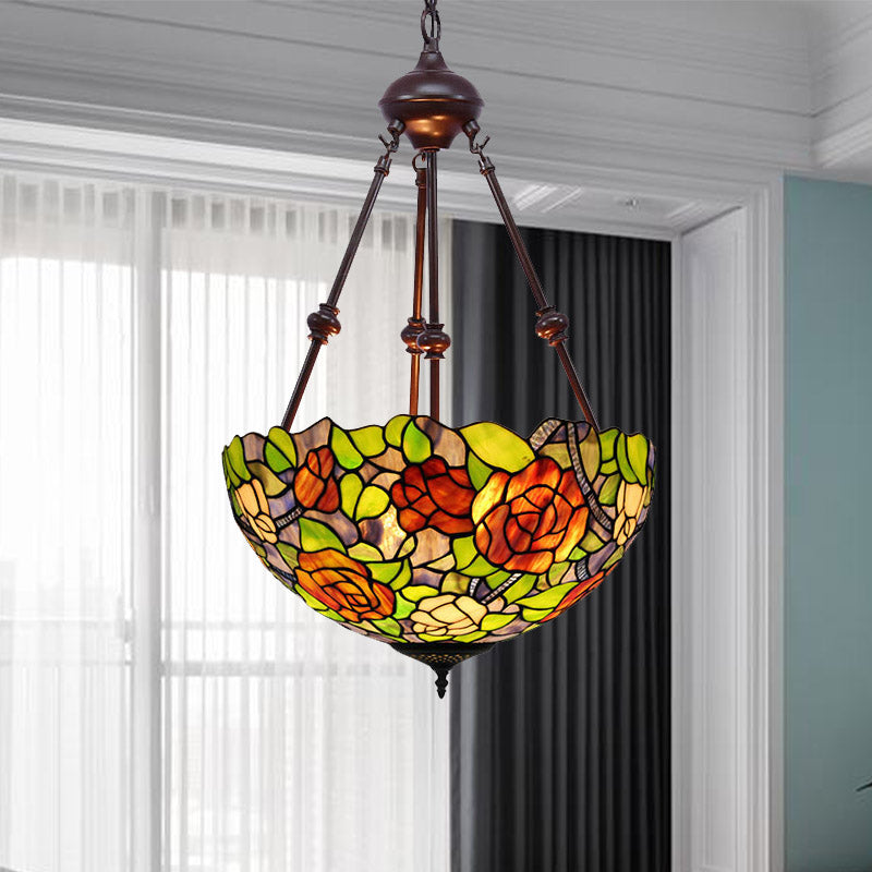 Bowl Ceiling Chandelier Mediterranean Stained Glass 2 Lights Red/Yellow/Green Hanging Pendant Light Red Clearhalo 'Ceiling Lights' 'Chandeliers' 'Industrial' 'Middle Century Chandeliers' 'Tiffany Chandeliers' 'Tiffany close to ceiling' 'Tiffany' Lighting' 332458