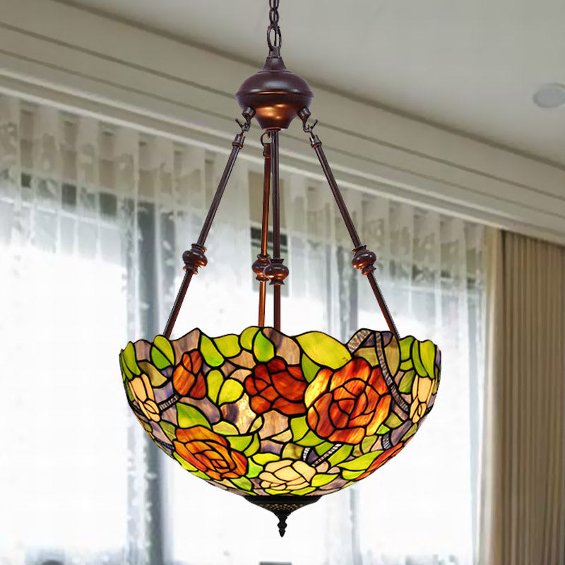 Bowl Ceiling Chandelier Mediterranean Stained Glass 2 Lights Red/Yellow/Green Hanging Pendant Light Clearhalo 'Ceiling Lights' 'Chandeliers' 'Industrial' 'Middle Century Chandeliers' 'Tiffany Chandeliers' 'Tiffany close to ceiling' 'Tiffany' Lighting' 332459