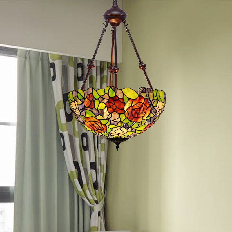 Bowl Ceiling Chandelier Mediterranean Stained Glass 2 Lights Red/Yellow/Green Hanging Pendant Light Clearhalo 'Ceiling Lights' 'Chandeliers' 'Industrial' 'Middle Century Chandeliers' 'Tiffany Chandeliers' 'Tiffany close to ceiling' 'Tiffany' Lighting' 332460