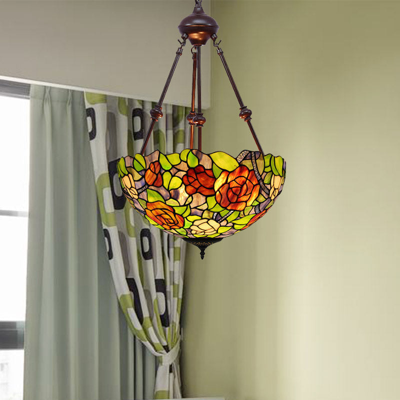 Bowl Ceiling Chandelier Mediterranean Stained Glass 2 Lights Red/Yellow/Green Hanging Pendant Light Clearhalo 'Ceiling Lights' 'Chandeliers' 'Industrial' 'Middle Century Chandeliers' 'Tiffany Chandeliers' 'Tiffany close to ceiling' 'Tiffany' Lighting' 332460