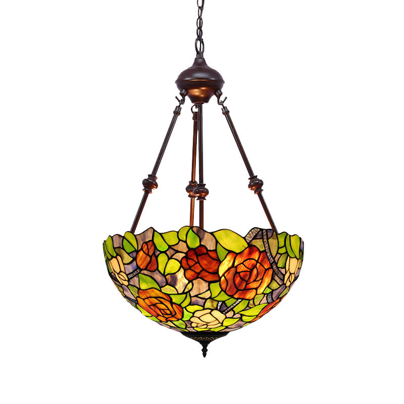 Bowl Ceiling Chandelier Mediterranean Stained Glass 2 Lights Red/Yellow/Green Hanging Pendant Light Clearhalo 'Ceiling Lights' 'Chandeliers' 'Industrial' 'Middle Century Chandeliers' 'Tiffany Chandeliers' 'Tiffany close to ceiling' 'Tiffany' Lighting' 332461