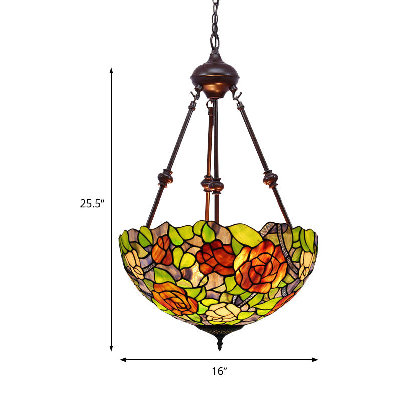 Bowl Ceiling Chandelier Mediterranean Stained Glass 2 Lights Red/Yellow/Green Hanging Pendant Light Clearhalo 'Ceiling Lights' 'Chandeliers' 'Industrial' 'Middle Century Chandeliers' 'Tiffany Chandeliers' 'Tiffany close to ceiling' 'Tiffany' Lighting' 332462