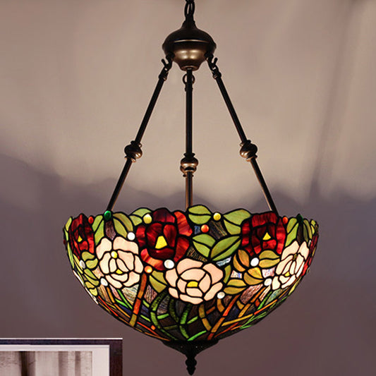 Bowl Ceiling Chandelier Mediterranean Stained Glass 2 Lights Red/Yellow/Green Hanging Pendant Light Dark Green Clearhalo 'Ceiling Lights' 'Chandeliers' 'Industrial' 'Middle Century Chandeliers' 'Tiffany Chandeliers' 'Tiffany close to ceiling' 'Tiffany' Lighting' 332463