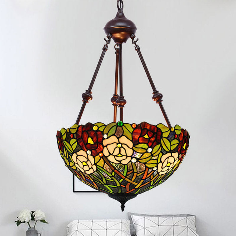 Bowl Ceiling Chandelier Mediterranean Stained Glass 2 Lights Red/Yellow/Green Hanging Pendant Light Clearhalo 'Ceiling Lights' 'Chandeliers' 'Industrial' 'Middle Century Chandeliers' 'Tiffany Chandeliers' 'Tiffany close to ceiling' 'Tiffany' Lighting' 332464