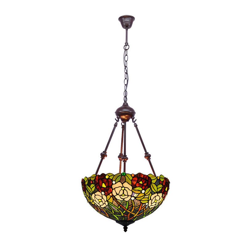 Bowl Ceiling Chandelier Mediterranean Stained Glass 2 Lights Red/Yellow/Green Hanging Pendant Light Clearhalo 'Ceiling Lights' 'Chandeliers' 'Industrial' 'Middle Century Chandeliers' 'Tiffany Chandeliers' 'Tiffany close to ceiling' 'Tiffany' Lighting' 332465