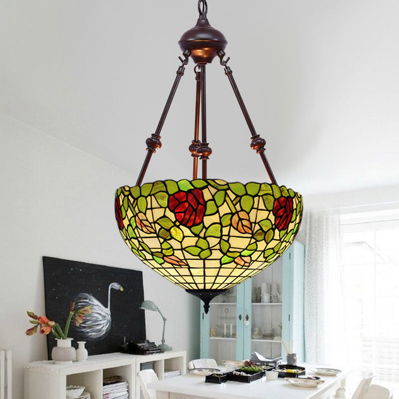 Bowl Ceiling Chandelier Mediterranean Stained Glass 2 Lights Red/Yellow/Green Hanging Pendant Light Clearhalo 'Ceiling Lights' 'Chandeliers' 'Industrial' 'Middle Century Chandeliers' 'Tiffany Chandeliers' 'Tiffany close to ceiling' 'Tiffany' Lighting' 332468