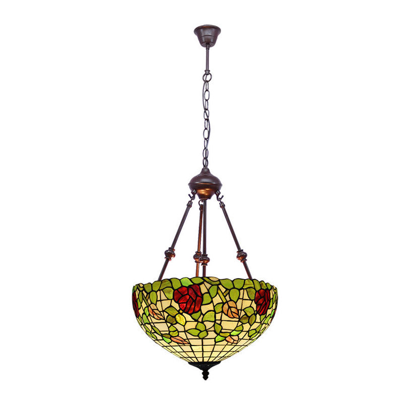Bowl Ceiling Chandelier Mediterranean Stained Glass 2 Lights Red/Yellow/Green Hanging Pendant Light Clearhalo 'Ceiling Lights' 'Chandeliers' 'Industrial' 'Middle Century Chandeliers' 'Tiffany Chandeliers' 'Tiffany close to ceiling' 'Tiffany' Lighting' 332469