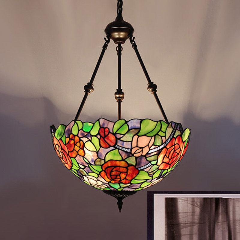 Bowl Ceiling Chandelier Mediterranean Stained Glass 2 Lights Red/Yellow/Green Hanging Pendant Light Green-Red Clearhalo 'Ceiling Lights' 'Chandeliers' 'Industrial' 'Middle Century Chandeliers' 'Tiffany Chandeliers' 'Tiffany close to ceiling' 'Tiffany' Lighting' 332471