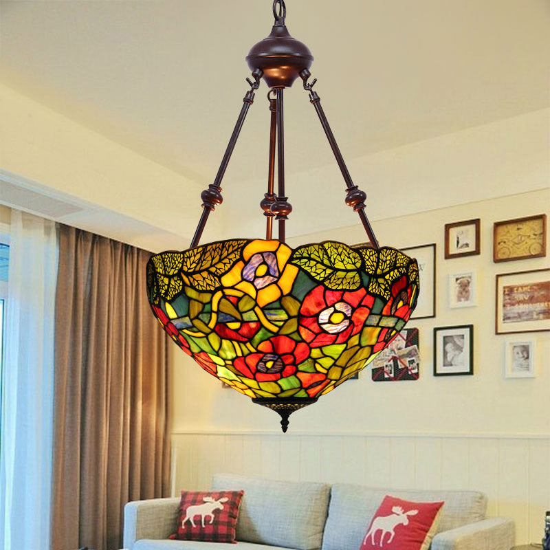 Bowl Ceiling Chandelier Mediterranean Stained Glass 2 Lights Red/Yellow/Green Hanging Pendant Light Clearhalo 'Ceiling Lights' 'Chandeliers' 'Industrial' 'Middle Century Chandeliers' 'Tiffany Chandeliers' 'Tiffany close to ceiling' 'Tiffany' Lighting' 332472