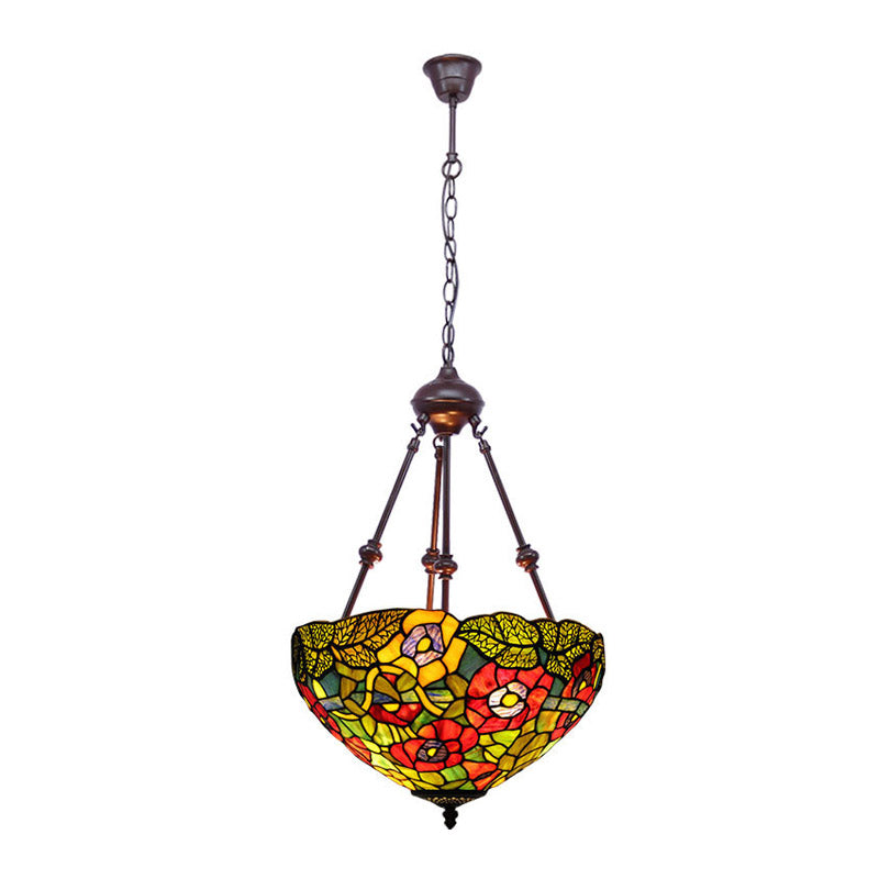 Bowl Ceiling Chandelier Mediterranean Stained Glass 2 Lights Red/Yellow/Green Hanging Pendant Light Clearhalo 'Ceiling Lights' 'Chandeliers' 'Industrial' 'Middle Century Chandeliers' 'Tiffany Chandeliers' 'Tiffany close to ceiling' 'Tiffany' Lighting' 332473