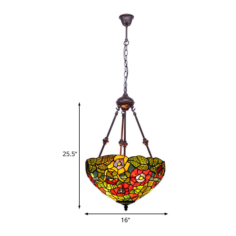 Bowl Ceiling Chandelier Mediterranean Stained Glass 2 Lights Red/Yellow/Green Hanging Pendant Light Clearhalo 'Ceiling Lights' 'Chandeliers' 'Industrial' 'Middle Century Chandeliers' 'Tiffany Chandeliers' 'Tiffany close to ceiling' 'Tiffany' Lighting' 332474