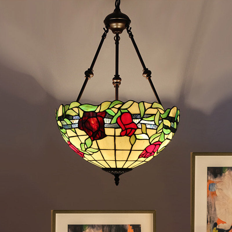Bowl Ceiling Chandelier Mediterranean Stained Glass 2 Lights Red/Yellow/Green Hanging Pendant Light Yellow Clearhalo 'Ceiling Lights' 'Chandeliers' 'Industrial' 'Middle Century Chandeliers' 'Tiffany Chandeliers' 'Tiffany close to ceiling' 'Tiffany' Lighting' 332475