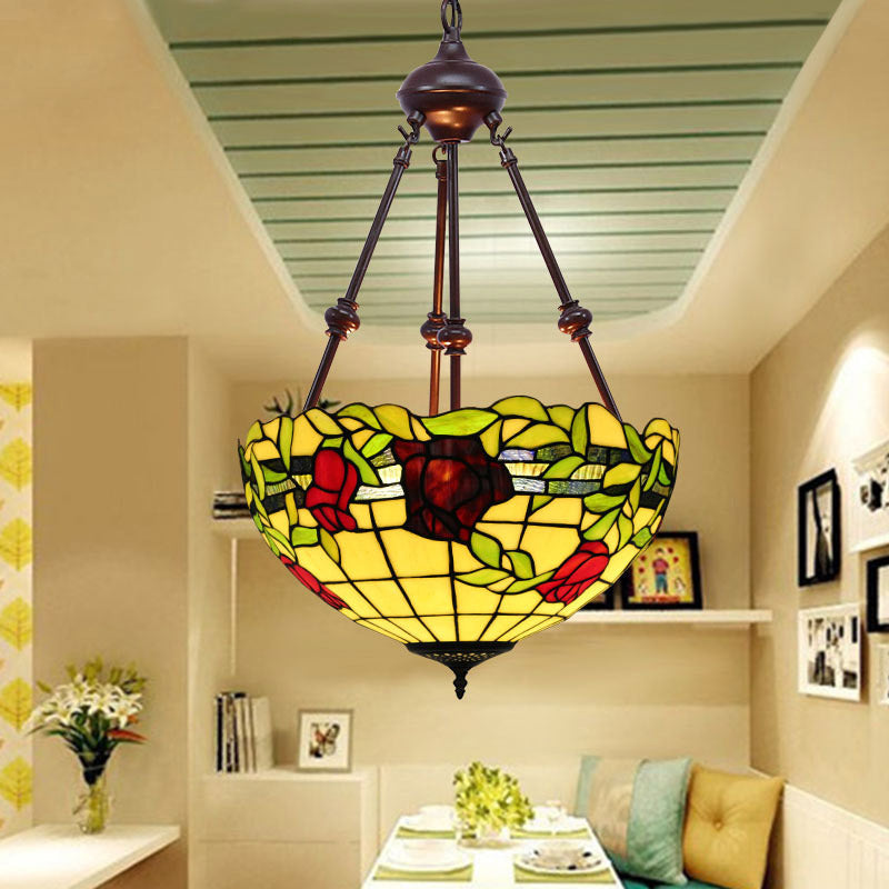 Bowl Ceiling Chandelier Mediterranean Stained Glass 2 Lights Red/Yellow/Green Hanging Pendant Light Clearhalo 'Ceiling Lights' 'Chandeliers' 'Industrial' 'Middle Century Chandeliers' 'Tiffany Chandeliers' 'Tiffany close to ceiling' 'Tiffany' Lighting' 332476