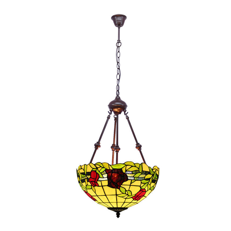 Bowl Ceiling Chandelier Mediterranean Stained Glass 2 Lights Red/Yellow/Green Hanging Pendant Light Clearhalo 'Ceiling Lights' 'Chandeliers' 'Industrial' 'Middle Century Chandeliers' 'Tiffany Chandeliers' 'Tiffany close to ceiling' 'Tiffany' Lighting' 332477