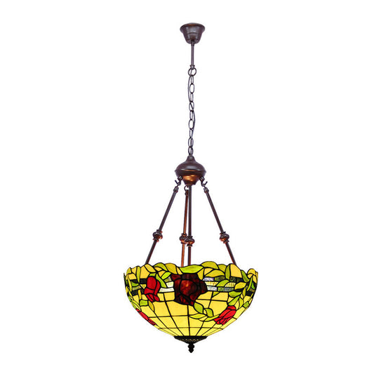 Bowl Ceiling Chandelier Mediterranean Stained Glass 2 Lights Red/Yellow/Green Hanging Pendant Light Clearhalo 'Ceiling Lights' 'Chandeliers' 'Industrial' 'Middle Century Chandeliers' 'Tiffany Chandeliers' 'Tiffany close to ceiling' 'Tiffany' Lighting' 332477