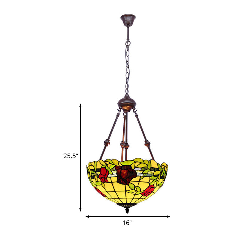 Bowl Ceiling Chandelier Mediterranean Stained Glass 2 Lights Red/Yellow/Green Hanging Pendant Light Clearhalo 'Ceiling Lights' 'Chandeliers' 'Industrial' 'Middle Century Chandeliers' 'Tiffany Chandeliers' 'Tiffany close to ceiling' 'Tiffany' Lighting' 332478