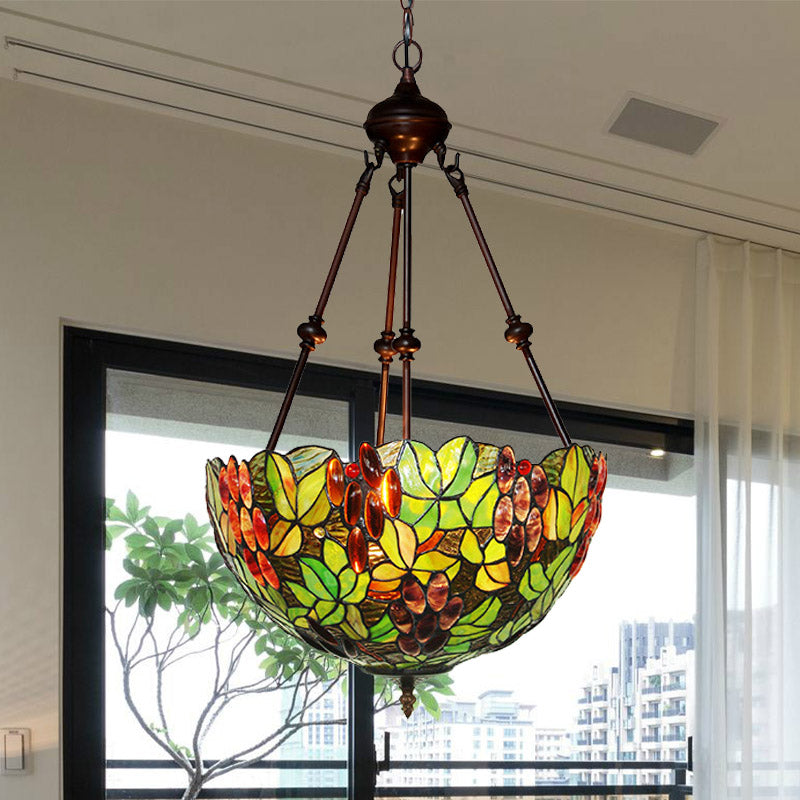 2/3 Lights Chandelier Victorian Green Ceiling Pendant Light with Dome Stained Glass Shade Clearhalo 'Ceiling Lights' 'Chandeliers' 'Industrial' 'Middle Century Chandeliers' 'Tiffany Chandeliers' 'Tiffany close to ceiling' 'Tiffany' Lighting' 332514