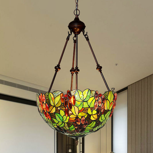 2/3 Lights Chandelier Victorian Green Ceiling Pendant Light with Dome Stained Glass Shade 2 Green Clearhalo 'Ceiling Lights' 'Chandeliers' 'Industrial' 'Middle Century Chandeliers' 'Tiffany Chandeliers' 'Tiffany close to ceiling' 'Tiffany' Lighting' 332518