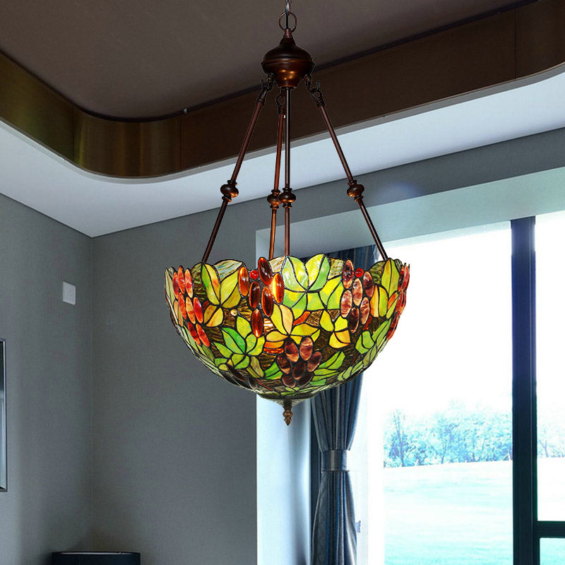 2/3 Lights Chandelier Victorian Green Ceiling Pendant Light with Dome Stained Glass Shade Clearhalo 'Ceiling Lights' 'Chandeliers' 'Industrial' 'Middle Century Chandeliers' 'Tiffany Chandeliers' 'Tiffany close to ceiling' 'Tiffany' Lighting' 332519
