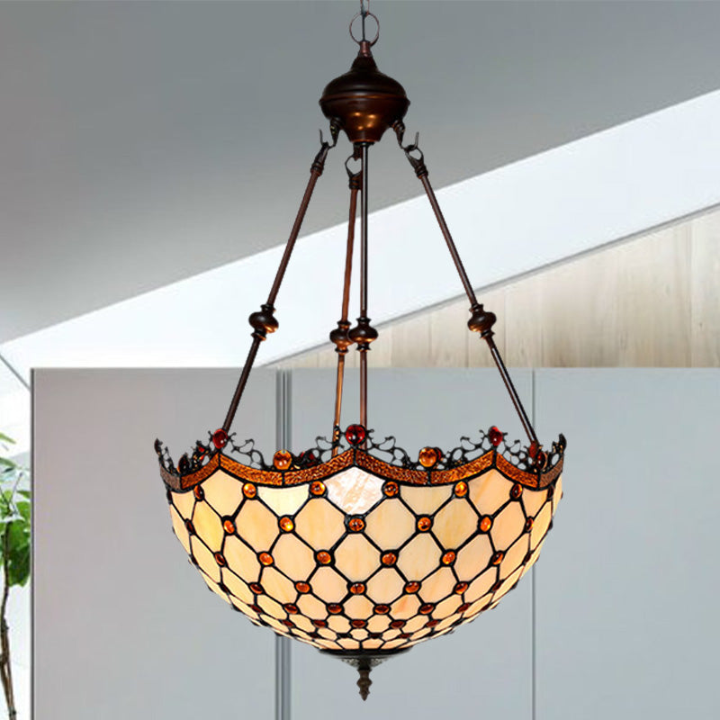 Stained Glass Beaded Chandelier Baroque 2/3 Lights White Suspension Lighting Fixture for Corridor Clearhalo 'Ceiling Lights' 'Chandeliers' 'Industrial' 'Middle Century Chandeliers' 'Tiffany Chandeliers' 'Tiffany close to ceiling' 'Tiffany' Lighting' 332541