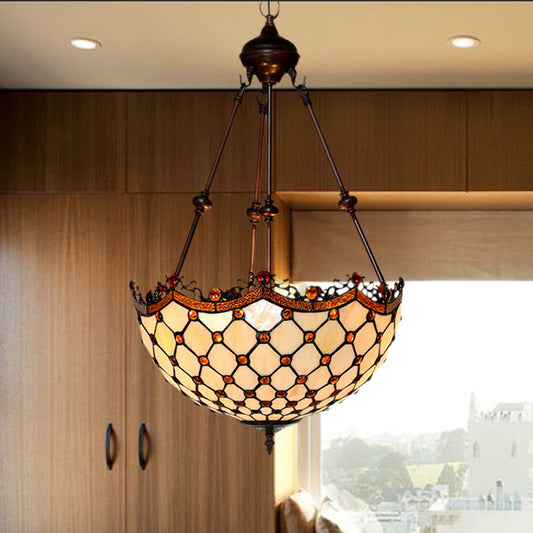 Stained Glass Beaded Chandelier Baroque 2/3 Lights White Suspension Lighting Fixture for Corridor 2 White Clearhalo 'Ceiling Lights' 'Chandeliers' 'Industrial' 'Middle Century Chandeliers' 'Tiffany Chandeliers' 'Tiffany close to ceiling' 'Tiffany' Lighting' 332545
