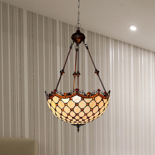Stained Glass Beaded Chandelier Baroque 2/3 Lights White Suspension Lighting Fixture for Corridor Clearhalo 'Ceiling Lights' 'Chandeliers' 'Industrial' 'Middle Century Chandeliers' 'Tiffany Chandeliers' 'Tiffany close to ceiling' 'Tiffany' Lighting' 332546