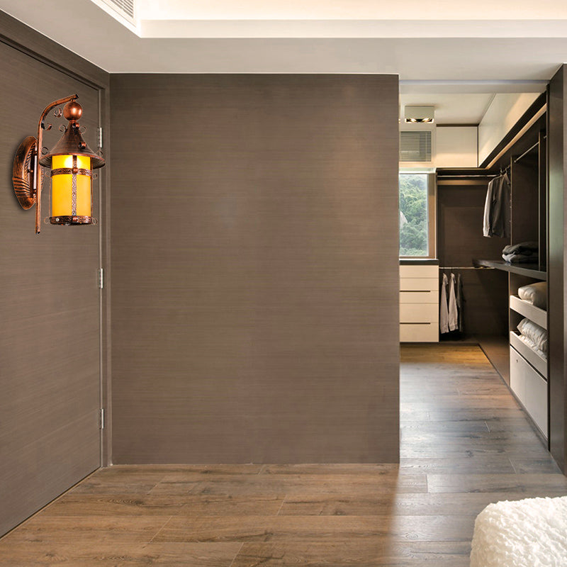 House Corridor Wall Light Fixture Yellow Glass 1 Light Vintage Wall Mounted Light with Curved Arm in Weathered Copper Clearhalo 'Wall Lamps & Sconces' 'Wall Lights' Lighting' 332609