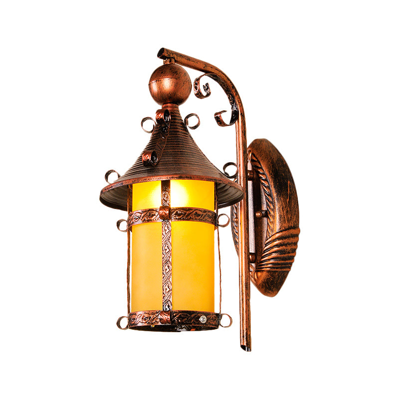 House Corridor Wall Light Fixture Yellow Glass 1 Light Vintage Wall Mounted Light with Curved Arm in Weathered Copper Clearhalo 'Wall Lamps & Sconces' 'Wall Lights' Lighting' 332610