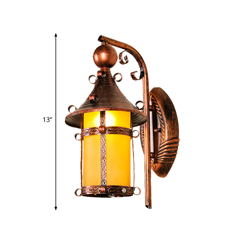 House Corridor Wall Light Fixture Yellow Glass 1 Light Vintage Wall Mounted Light with Curved Arm in Weathered Copper Clearhalo 'Wall Lamps & Sconces' 'Wall Lights' Lighting' 332611