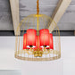 Traditional Birdcage Chandelier Light Metal 3/5 Lights Restaurant Black/Gold Ceiling Lamp with Red Fabric Cylinder Shade Clearhalo 'Ceiling Lights' 'Chandeliers' Lighting' options 332697