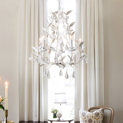 Metal Leaf Chandelier Lamp Modernism 5 Bulbs Grey/Distressed White Suspended Lighting Fixture with Crystal Drop Distressed White Clearhalo 'Ceiling Lights' 'Chandeliers' 'Modern Chandeliers' 'Modern' Lighting' 332787