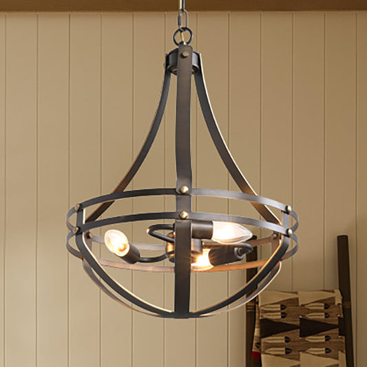 3 Heads Foyer Hanging Chandelier Light Vintage Style Black Pendant Lamp with Bowl Cage Metallic Shade Clearhalo 'Ceiling Lights' 'Chandeliers' Lighting' options 332853
