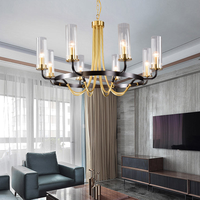 6/8 Heads Indoor Chandelier Pendant Light Farmhouse Black/Gold Finish Hanging Lamp with Cylinder Clear Glass Shade Clearhalo 'Ceiling Lights' 'Chandeliers' 'Close To Ceiling Lights' 'Glass shade' 'Glass' Lighting' 332907