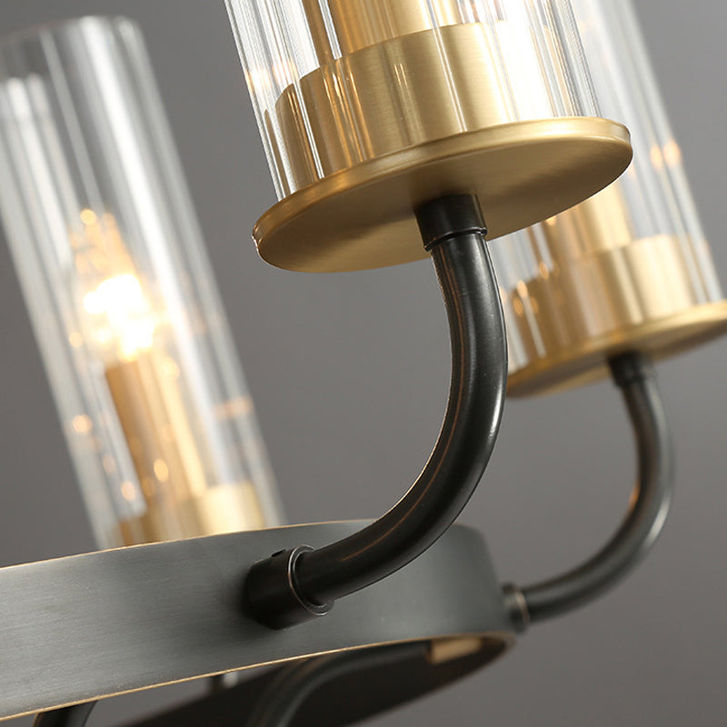 6/8 Heads Indoor Chandelier Pendant Light Farmhouse Black/Gold Finish Hanging Lamp with Cylinder Clear Glass Shade Clearhalo 'Ceiling Lights' 'Chandeliers' 'Close To Ceiling Lights' 'Glass shade' 'Glass' Lighting' 332910