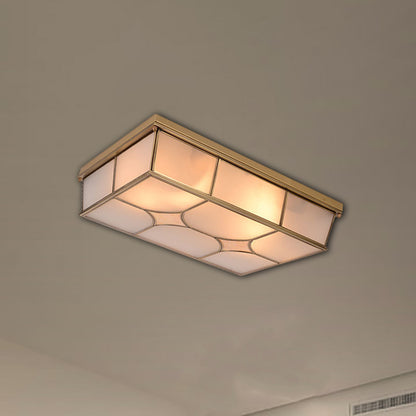 3/6 Lights Frosted Glass Flush Ceiling Light Classic Brass Rectangle Bedroom Flush Mount Lamp 3 Brass Clearhalo 'Ceiling Lights' 'Close To Ceiling Lights' 'Close to ceiling' 'Flush mount' Lighting' 332939