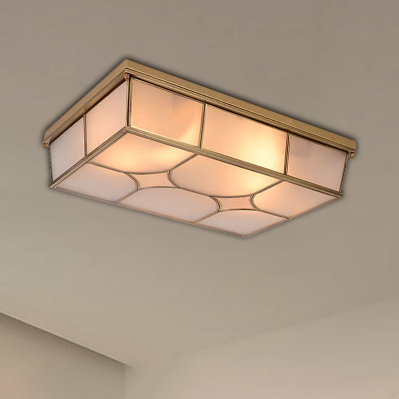 3/6 Lights Frosted Glass Flush Ceiling Light Classic Brass Rectangle Bedroom Flush Mount Lamp Clearhalo 'Ceiling Lights' 'Close To Ceiling Lights' 'Close to ceiling' 'Flush mount' Lighting' 332940
