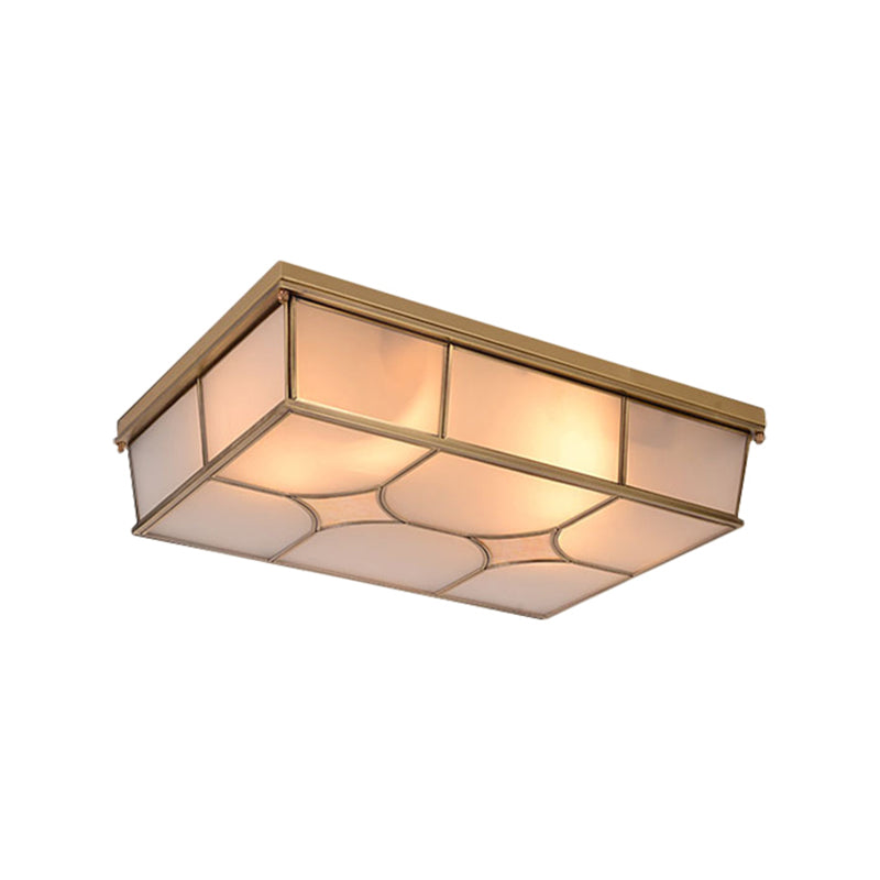 3/6 Lights Frosted Glass Flush Ceiling Light Classic Brass Rectangle Bedroom Flush Mount Lamp Clearhalo 'Ceiling Lights' 'Close To Ceiling Lights' 'Close to ceiling' 'Flush mount' Lighting' 332947