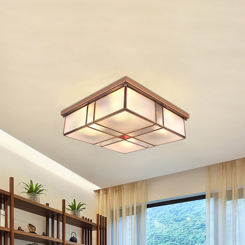2/4 Lights Living Room Ceiling Mounted Fixture Vintage Brass Flush Mount Light with Square Frosted Glass Panel Shade 2 Brass Clearhalo 'Ceiling Lights' 'Close To Ceiling Lights' 'Close to ceiling' 'Flush mount' Lighting' 332988