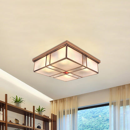 2/4 Lights Living Room Ceiling Mounted Fixture Vintage Brass Flush Mount Light with Square Frosted Glass Panel Shade 2 Brass Clearhalo 'Ceiling Lights' 'Close To Ceiling Lights' 'Close to ceiling' 'Flush mount' Lighting' 332988