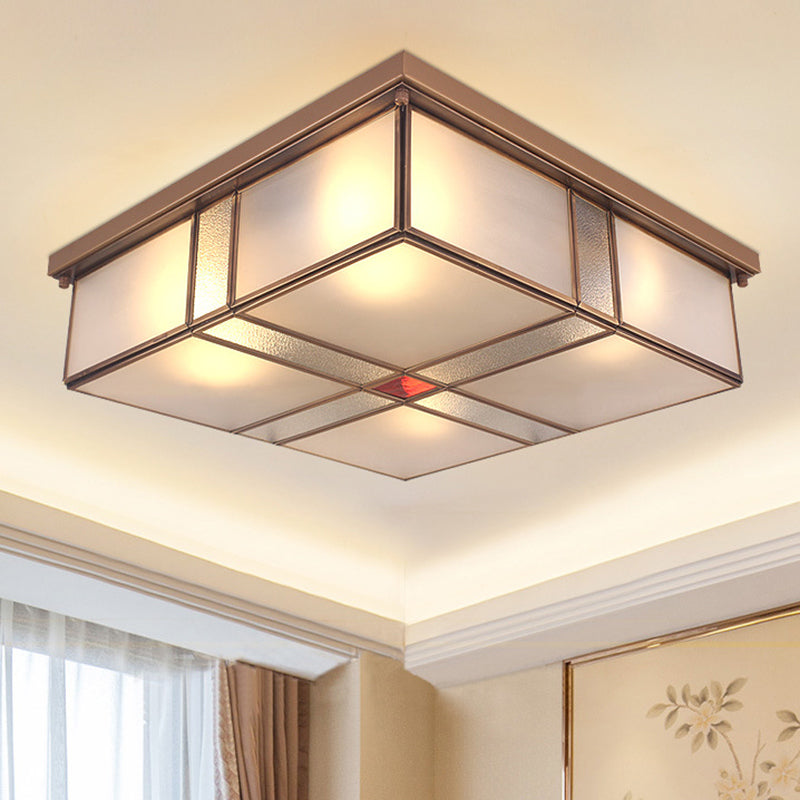 2/4 Lights Living Room Ceiling Mounted Fixture Vintage Brass Flush Mount Light with Square Frosted Glass Panel Shade Clearhalo 'Ceiling Lights' 'Close To Ceiling Lights' 'Close to ceiling' 'Flush mount' Lighting' 332989