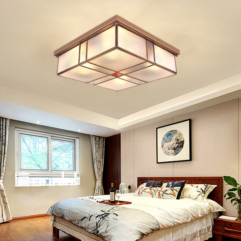 2/4 Lights Living Room Ceiling Mounted Fixture Vintage Brass Flush Mount Light with Square Frosted Glass Panel Shade Clearhalo 'Ceiling Lights' 'Close To Ceiling Lights' 'Close to ceiling' 'Flush mount' Lighting' 332990