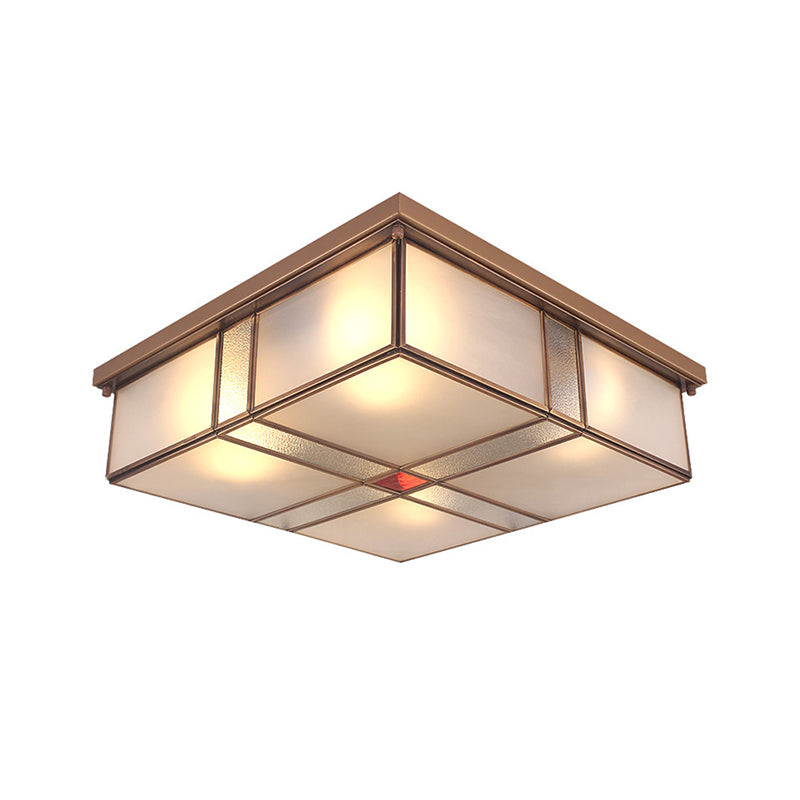 2/4 Lights Living Room Ceiling Mounted Fixture Vintage Brass Flush Mount Light with Square Frosted Glass Panel Shade Clearhalo 'Ceiling Lights' 'Close To Ceiling Lights' 'Close to ceiling' 'Flush mount' Lighting' 332991
