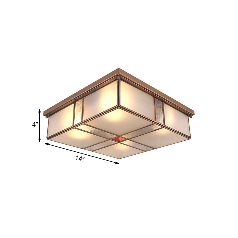 2/4 Lights Living Room Ceiling Mounted Fixture Vintage Brass Flush Mount Light with Square Frosted Glass Panel Shade Clearhalo 'Ceiling Lights' 'Close To Ceiling Lights' 'Close to ceiling' 'Flush mount' Lighting' 332992
